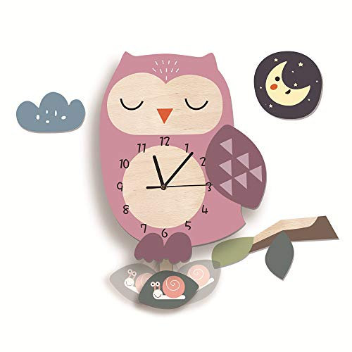 Kinder Uhr ohne Tickgeräusche, Kinderuhr für Kinderzimmer, Lautlos Uhrwerk, Wanduhr Wolken, Wanddeko Deko Jungs Mädchen (Eule)