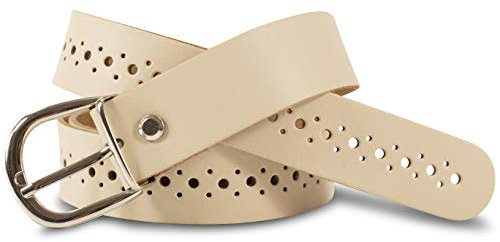 SCAMODA Damengürtel aus Echtleder mit Lochmuster, silberner Gürtelschnalle - Made in Germany (Creme - 130/BW115 - Br. 3cm)