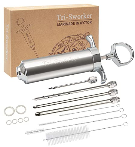 Tri-Sworker Meat Injector Syringe for Smoking with 4 Marinade Flavor Food Injector Needles, Ideal to Injector Marinades for Meats, Turkey, Brisket, Beef; 2-OZ Capacity