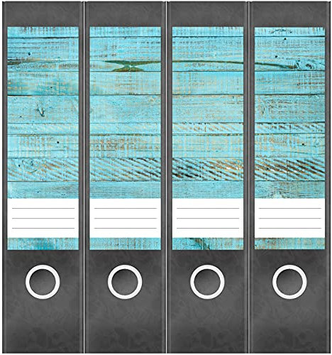 Etiketten für Ordner | Vintage Holz Blau Türkis | 4 breite Aufkleber für Ordnerrücken | Selbstklebende Design Ordneretiketten Rückenschilder