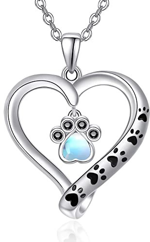 KINGWHYTE Hund Pfotenabdruck Kette 925 Sterling Silber Herz Anhänger Mondstein Halskette Schmuck Geschenk für Frauen Mädchen Tochter Mama