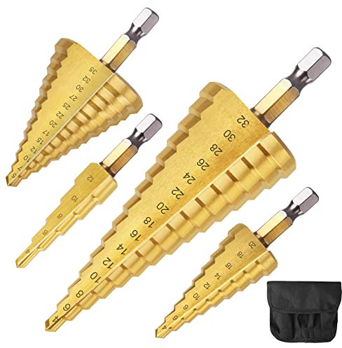 flintronic HSS Stufenbohrer Set 4tlg, Hex Shank Stufenbohrer 4-12/4-20/4-32/5-35mm Dreieckiger Metallbohrer, Kegelbohrer Titanbeschichtet Schälbohrer Für Metall, Messing,Holz, Kunststoff - Gold