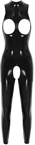 TiaoBug Damen Wetlook Bodysuit Ouvert BH Hose Latex Catsuit Lack Leder Overall Jumpsuit Ärmellos Tank Top Hot Pants Sexy Dessous Gogo Clubwear Schwarz B XL