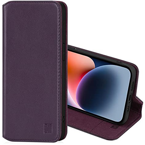 32nd Classic Series 2.0 - Real Leather Book Wallet Flip Case Cover For Apple iPhone 14 (6.1), Real Leather Design With Card Slot, Magnetic Closure and Built In Stand - Aubergine