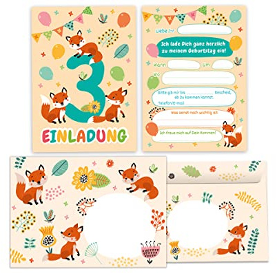 Junapack 12 Einladungskarten incl. 12 Umschläge zum 3. Kindergeburtstag dritte Geburtstag Mädchen Jungen Fuchs