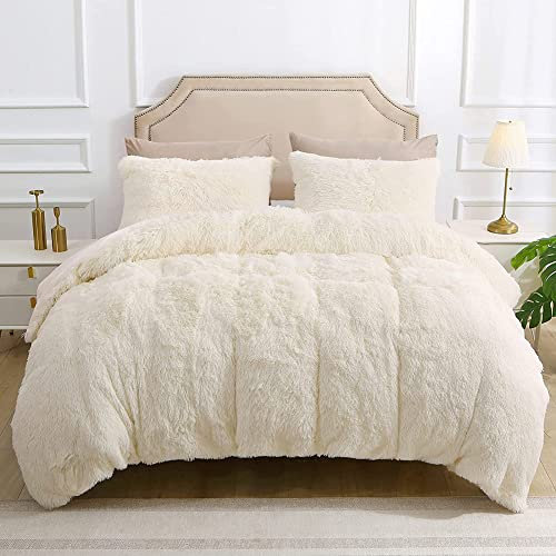 AShanlan Warme Plüsch Bettwäsche 135x200 Creme Flauschig Winter Bettbezug Langhaar Flausch Fleece Plüschbettwäsche Set mit Reißverschluss Kopfkissenbezug - 135 x 200 + 80 x 80 cm