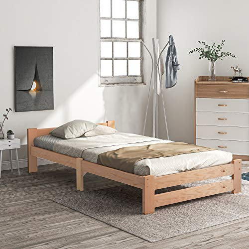 Holzbett Massivholzbett Futonbett Massivholz Natur Bett mit Kopfteil und Lattenrost, Einzelbett aus Kiefer, Stabiles Bett Holzlattenunterstützung in 90 x 200 cm, Natur Farbe, Geeignet als Gästebett