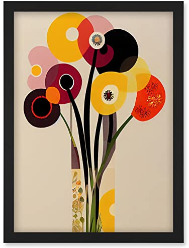 Wee Blue Coo Abstract Retro Spring Summer Flowers Floral Yellow Burgundy Orange Bouquet Vase Artwork Framed Wall Art Print A4