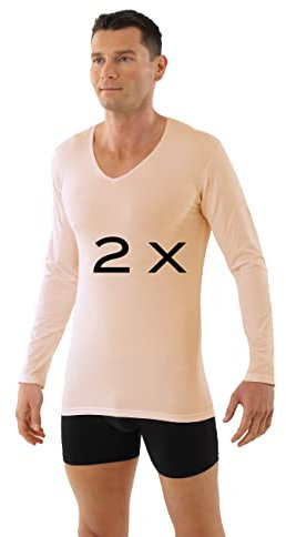 ALBERT KREUZ 2-Pack Herren Unterhemd Langarm V-Ausschnitt Stretchbaumwolle beige, Gr. XXL