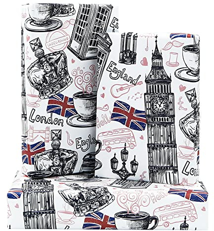 Big Ben London Geschenkpapier, Britisches charakteristisches Architektur-Design, Geschenkpapier für Geburtstag oder Nationaltag, 4 Blatt gefaltet flach 50 x 70 cm pro Bogen