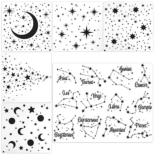 6pcs Pochoir Ciel Nocturne, Modèle Lune et Étoiles et Pochoirs Zodiaque, Pochoir Étoile Pochoir Plastique Reutilisable pour Meubles En Bois, Papier, Murs, Toiles