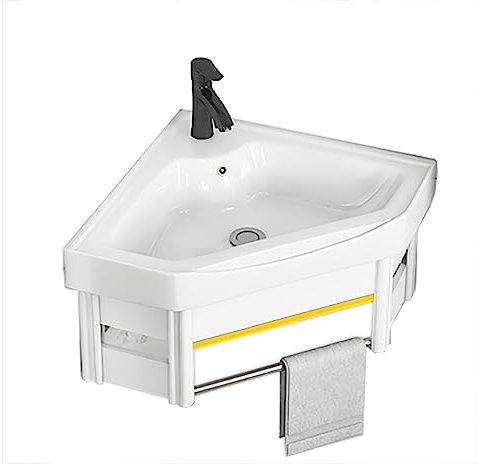 Lave Main Céramique Blanche Vasque d'angle Suspendu Lavabo avec Porte-Serviettes Petit Lavabo de Salle de Bain Mural Compact avec Robinet et Tuyau de Vidange pour Salle de Patio de Cuisine À Domicile