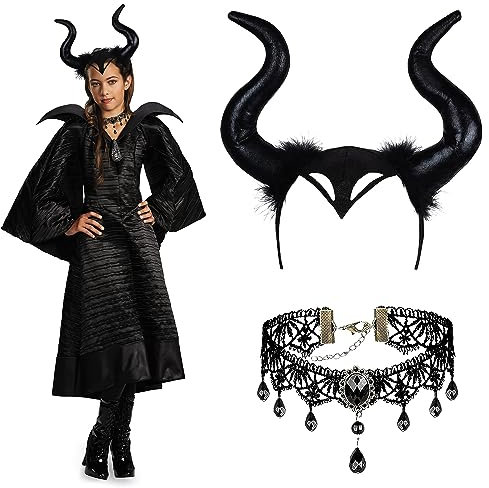 FMKLDENA Hörner kopfschmuck, Maleficent hörner, Königin hörner kopfschmuck, Gothic retro spitze halskette Damen Cosplay Zubehör für Maskerade Motto Karneval Party