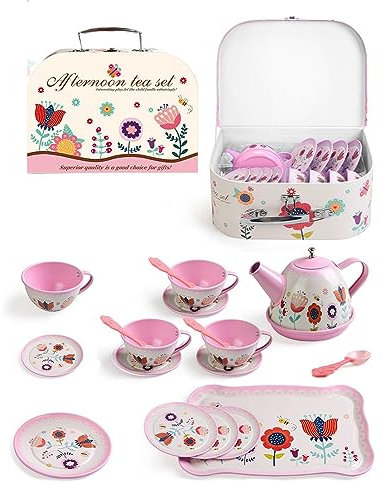 Juego de té infantil de metal con juguete de postre, maletín de transporte, tetera de estaño, juego de rol para fiestas de té, juego de postre, juego de té para niños y niñas, 3, 4, 5, 6, 7, 8 años
