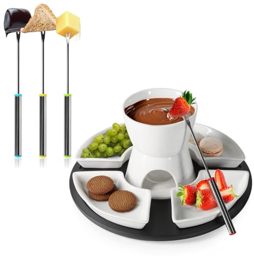 com-four® 11-teiliges Fondue-Set - bestehend aus Keramikschüssel, Teelichthalter, Serviertablett, 4 Gabeln, 4 Schälchen - Schmelztopf für Schokolade und Käse - Schmelztiegel (Set mit Tablett)