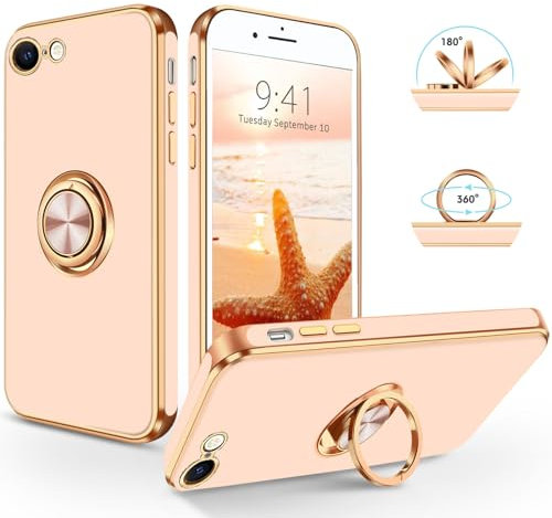 SouliGo iPhone SE Hülle, iPhone 7/8 Hülle Handyhülle, Slim Weiche TPU Silikon Case mit 360 Grad Ring Halter Ständer stabil Kratzfest Hülle für iPhone 7/8/SE 2020 2022 Rosa Gold