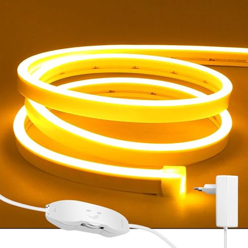 ShineBurky 5M Neon LED Strip Gelb, 12V Neon LED Streifen Dimmbar Flexibel Wasserdicht IP65 Lichtleiste Silikon LED Neon Lichtband für Wohnzimmer Schlafzimmer Wand Deko DIY (Inklusive Netzteil)