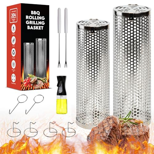 Lifestyle Plus Rolling Grilling Baskets - 2 PCS Stainless Steel BBQ Grill Mesh, Easy to Use, Outdoor Cooking Essentials