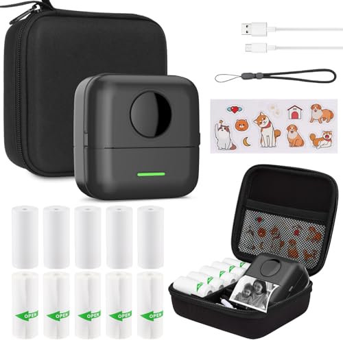 HUIJUTCHEN Mini Drucker mit Tasche, Mini Etikettendrucker Tasche Tragbarer Mini Fotodrucker 10 Rollen Druckerpapie Bluetooth Fotodrucker Thermodrucker für Lernhilfe Lernnotizen Journal Memo (Schwarz)