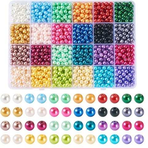 Boutigem 1200 pièces de perles rondes en verre de 24 couleurs, 6 mm, pour collier, bracelet, boucle d'oreille, fabrication de bijoux
