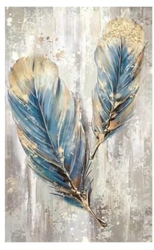 DCIDBEI 30 x 40 cm Runde Diamond Painting Feder, Puzzle Diamant Goldenes Blau, Malen Nach Zahlen Vintage für Erwachsene, DIY Kristall Kunst Wanddekoration für Wohnzimmer Schlafzimmer