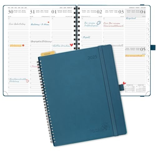 POPRUN Kalender 2025 Wochenplaner Ringbuch mit Softcover, ca. A4 (26,5 x 21,5 cm), 12-Monate-Terminplaner (Jan.2025-Dez.2025) 1 Woche 2 Seite mit 100 GSM Zertifiziertem Papier - Marineblau