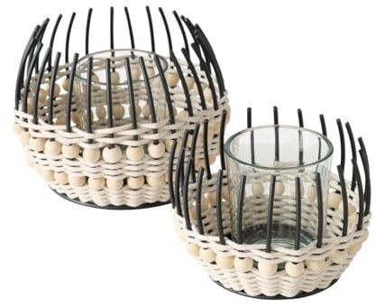 ReWu Windlicht Korb Lugo 2er-Set Teelicht Kerzenhalter Kerzenständer Modern Glas Holz Textil Natur Schima Schwarz Rund Dekoration Wohndekoration Groß und Klein