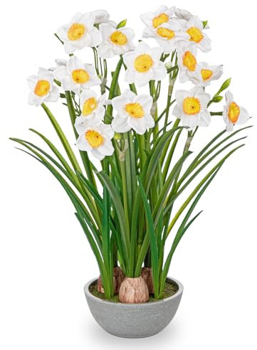 Hollyone Weiße Künstliche Narzissen Seidenblumen, 40cm Dekorative Blume Künstliche Narzissen im Topf, Kunstblumen Frühlingsblume für Heimdekoration, Fensterbank, Wohnzimmer, Tischdeko