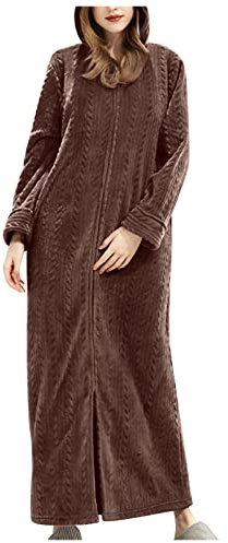 Womens Zip Hooded Fleece Robe - Zip Up Bathrobes for Women Long Sleeve House Coat Full Length Nightgown Zip Up Dressing Gown Lightweight Dressing Gown Women Womens Long Dressing Gown Nightwear Coffee