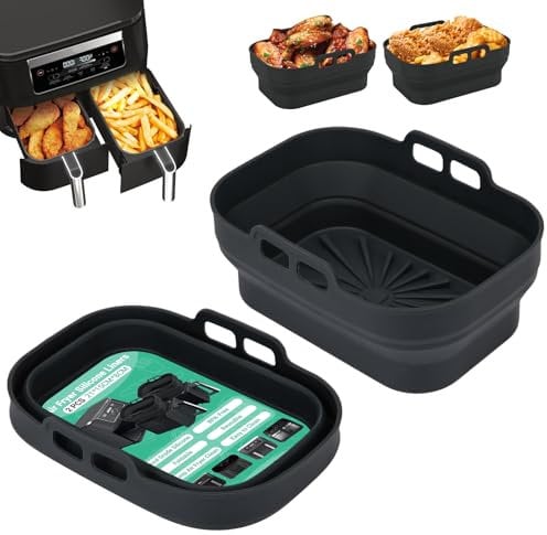 Alyvisun Molde Silicona Freidora de Aire, 2 Piezas Moldes Air Fryer Reutilizable Utensilios Bandeja Freidora Aire Doble Cesta Recipiente Airfryer Formas Cestillo Base para Microondas, Horno (Negro)