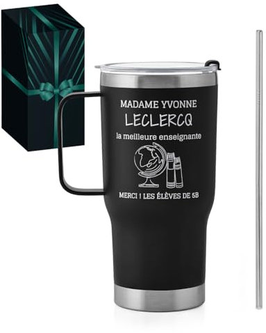 Maverton Mug Isotherme Personnalisable Noir en Acier Inoxydable 600 ml - Mug Personnalisé Maitresse avec 2 Pailles et Boîte - Cadeau Maitresse d'École fin d'année - Cadeau Prof super prof