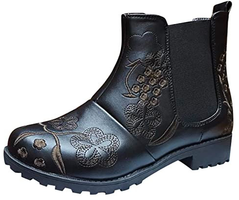 Generico Stivali Alti Donna Pelle Biker Donna Stivaletti Donna Ricamo Fiori Tacchi Quadrati Slip Stivaletti Scarpe Punta Stivali Gambale Largo 45 Cm Camperos Estivi Donna (Black, 37)
