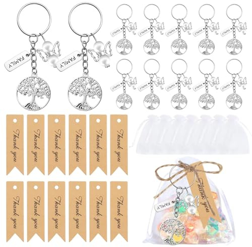 Aotoer 50Set Family Reunion Favors Tree of Life Keychain Bulk Angel Charms with Thankyou Tags Burlap Twines and Organza Bags Family Reunion Gifts for Guest