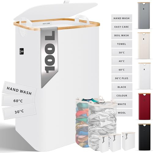 KESSER® Wäschekorb mit Deckel faltbar 100 Liter Wäschebox Wäschetruhe Wäschekorb Wäschetonne | Wäschesammler mit 2x herausnehmbaren Wäschesäcke | Wäschesortierter inkl. Waschhinweisen Weiß