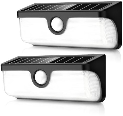 Moman Linkable Solar Wall Lights 2 Pack, Motion Sensor Outdoor Security Lights with Synchronised Activation, IP65 Waterproof LED Wall Lights for Balcony, Garden and Garage