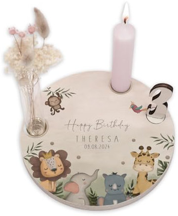 Personalisierter Geburtstagsteller aus Holz mit Kerzenhalter, Vase & Jahres Zahlen - Geburtstagsdeko mit Name - 1. Geburtstag Baby & Kinder Geschenk - ⌀16 cm x 12mm - hellomini (Safari)