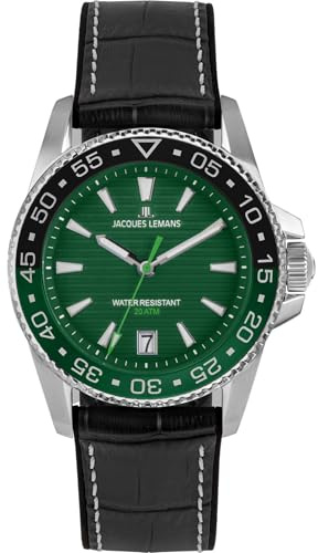 JACQUES LEMANS 1-2205C Herrenuhr Liverpool Diver Silikonband mit Leder Oberfläche 41 MM Datum 20 ATM