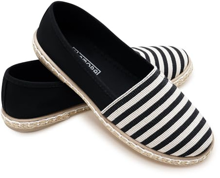 GLAMORA Alpargatas Mujer Lona a Rayas, Bailarinas Esparto Mujer Suela Goma Antideslizante, Manoletinas Planas Verano Comodas, Zapatos Slip On Mujer Ligeros Transpirables Calzado Verano Mujer black-38