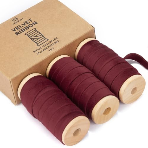 Vitalizart Rotes Samtband Set 0,95 cm x 13,7 m mit Hölzernen Spule | Geschenkband 3 Rollen x 4,57 m für Weihnachten Kranz Dekoration Handgemachte Handwerk Ornamente & Geschenkverpackungen