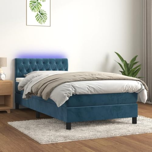 IKAYAA Boxspringbett mit Matratze 90 x 200 Bett mit LED Beleuchtung & Topper Boxspringbett 90 x 200 cm Bett mit Matratze und Lattenrost Bett komplett mit Kopfteil Samt-Dunkelblau-90 x 200 cm Typ 2