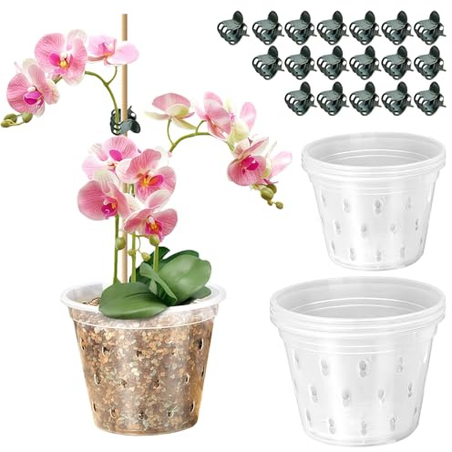 Richaa 6 Stück 11/12.7cm Orchideentöpfe Mit 18 Pflanzenclips & Ablauflöchern, Orchideentopf Transparent Pflanztöpfe, Anzuchttöpfe Plastik, Untertopf Pflanzen für Orchideen Sukkulenten