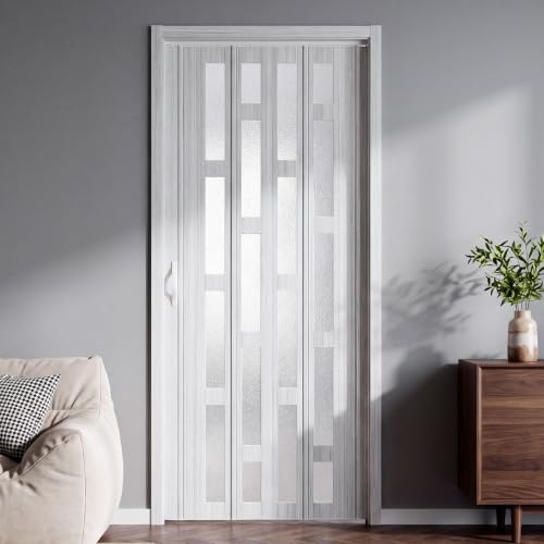 INMOZATA Folding Door Internal PVC Plastic Sliding Doors Features Tree-patterned Frosted PVC Glass Internal Doors with Handle Sliding Concertina Door Panel Divider, (15*20.5*216.5cm,Frosted Glass)