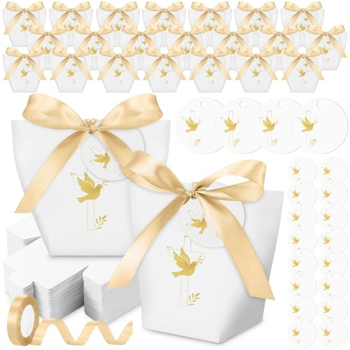 Faccito 50 Set Gastgeschenkboxen für Erstkommunion Konfirmation Papier Geschenkboxen mit Goldenen Bändern Anhänger für Taufe Geburtstag Dekoration Party Hochzeit Versprechen Tischkarten