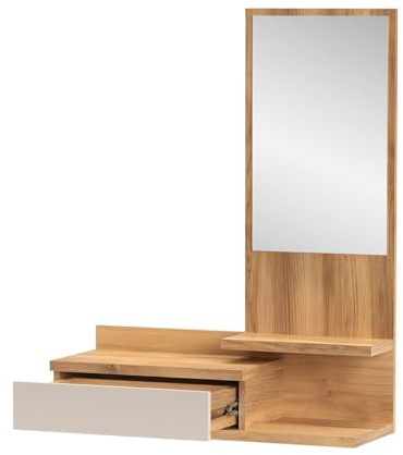 PEGANE Console Meuble d'entrée avec 1 tiroir et Miroir Coloris Beige/chêne Mauvella - Longueur 81 x Hauteur 116 x Profondeur 27,4 cm