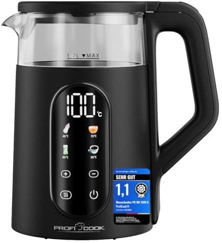ProfiCook® Wasserkocher mit Temperatureinstellung | 40-100°C | 1,7L | Schnellstartfunktion | 2200W | Glasbehälter wärmeisoliert | Warmhaltefunktion | Einhandbedienung | PC WK 1328 G