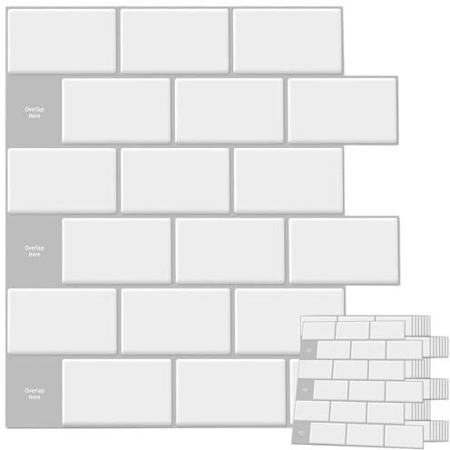 Klebefliesen, 10 Stück 3D Fliesenaufkleber Küchenrückwand Selbstklebend | Metro Fliesen Wandfliesen Wandverkleidung für Küche Bad, 30 x 30 cm, Weiß, Vinyl Material