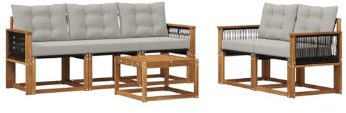 vidaXL Outdoor-Sofagarnitur mit Kissen 6 pcs Natürlich und Hellgrau, Gartenmöbel, modernes Ecksofa, langlebige Terrassen-Sitze, stilvolle Lounge für deinen Outdoor-Bereich