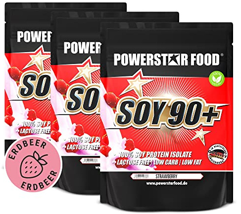 Powerstar Soy 90+ 3 kg Soja-Protein-Isolat Strawberry - vegan laktosefrei | Ohne Zucker-Zusatz - gentechnisch unverändert - 93% Protein i.Tr. laktosefrei - pflanzliches Eiweißpulver
