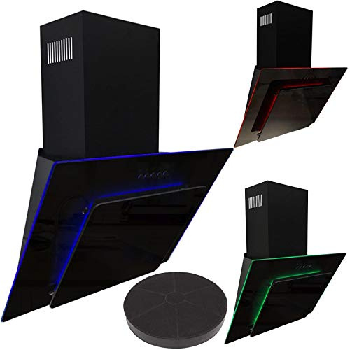 SIA AGE61BL 60cm Black Glass Angled Kitchen Cooker Hood Chimney Extractor Fan With Red Blue & Green LED Edge Lit Mood Lighting & Carbon Filter