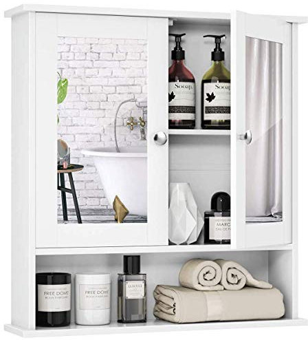 COSTWAY Armadietto da Bagno con Specchio, Armadietto da Parete con Ripiano Regolabile, Mobile da Parete per Bagno, 56 x 12,5 x 58 cm (Bianco)